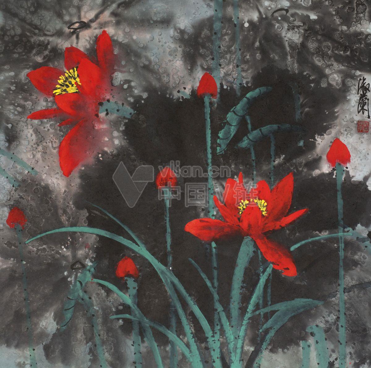 红色百合花插图: 艺术家的水彩画作品