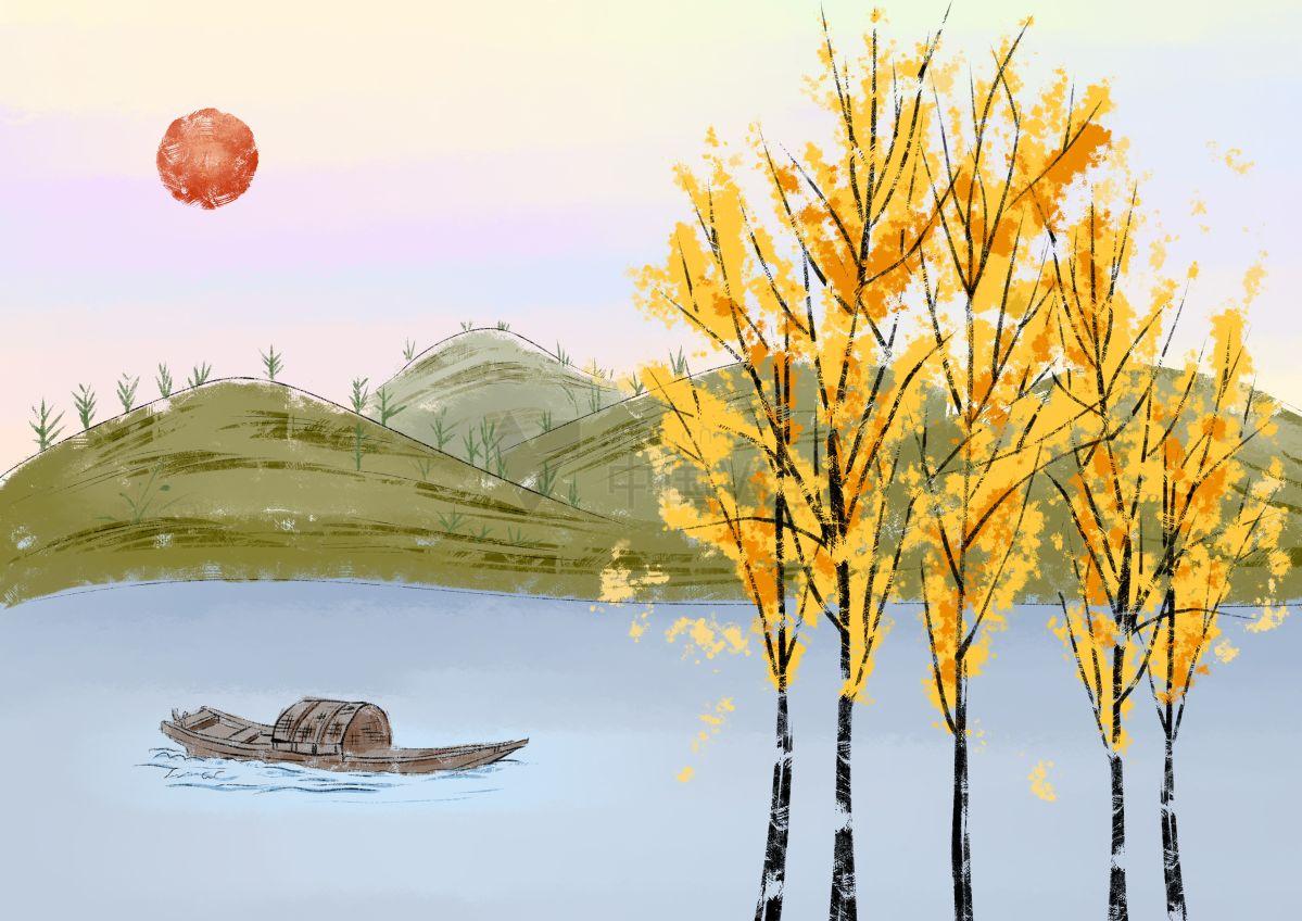 水彩画：倒影黄色的树在湖泊中生长