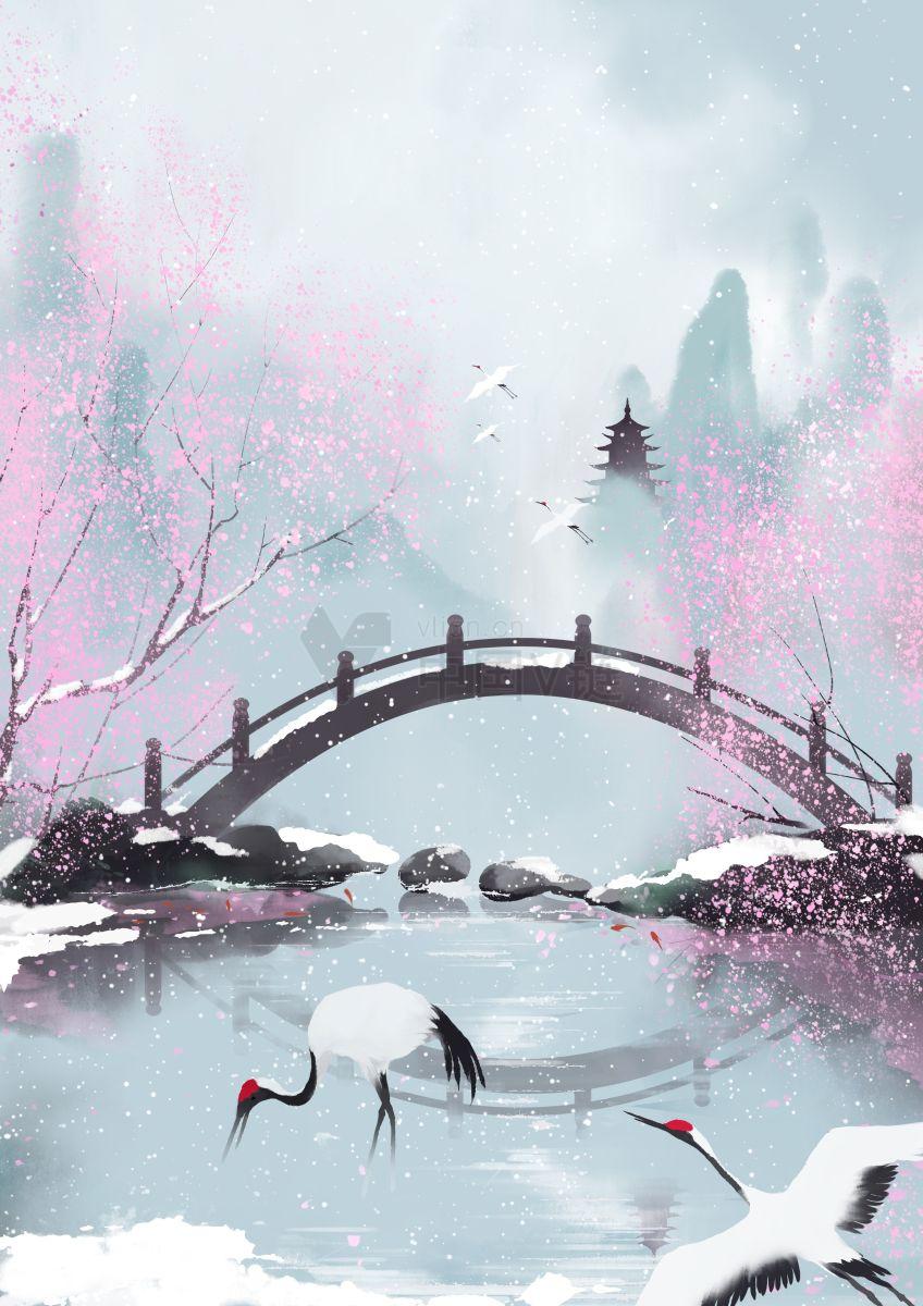 雾中拱桥：自然景观的冬季倒影
