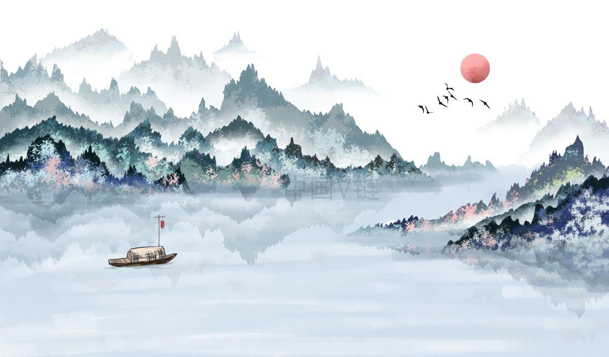 插图水彩画艺术品: 雾中水域的水墨画